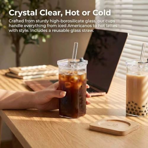 13oz Square Glass Cups with Lids and Straws, 4 Pcs Borosilicate Glass