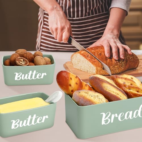 Hushee Metal Bread Box Butter Dish with Bamboo Cutting Board, Sage