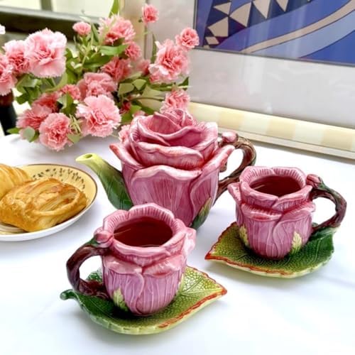 Ceramic Rose Tea Pot Set, 3D Hand-painted Rose Red Flower Cup and