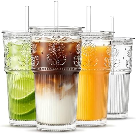INSETLAN 20 oz Iced Coffee Cups with Lids and Straw, Set of 4 Glass