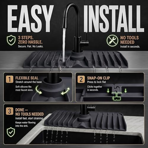 Kitchen Sink Splash Guard – 16" x 5.7" Silicone Faucet Mat with Secure