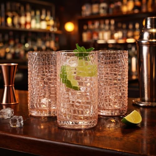 Glaver's Highball Glasses Set of 4 Pink Drinking Glasses, 15 Ounce