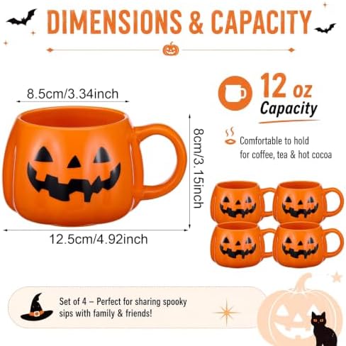 Potchen 4 Pack 12 oz Halloween Coffee Mugs Ceramic Jack O Lantern