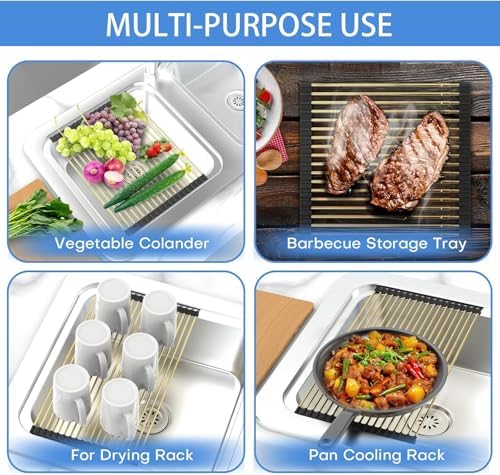Large Expandable Roll-Up Dish Drying Rack, Gold