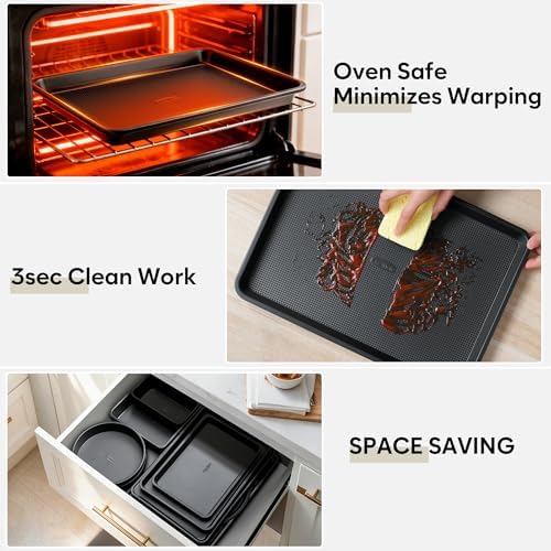 10-Piece Nonstick Bakeware Set, 0.8MM Thick Carbon Steel Baking Pan Set for Oven with Cookie Sheet, Muffin Pan, Pizza Pan, Loaf Pan and Cooling Rack, Stackable Kitchen Baking Set, PFOA/PTFE Free