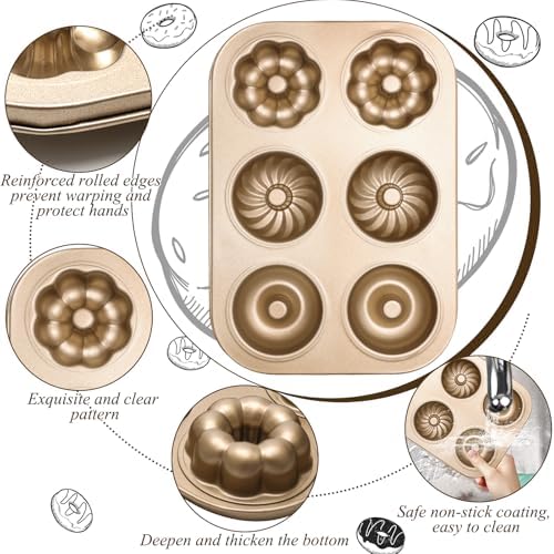 2PCS Carbon Steel 6-Cavity Donut Pan, Champagne Gold