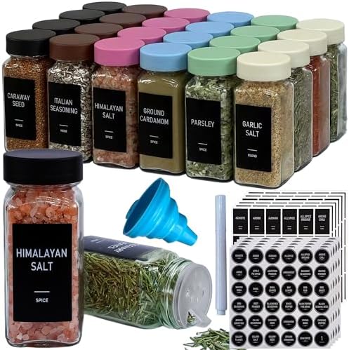 Spice Jars with Labels - 24 Glass Spice with Shaker Lids & Airtight