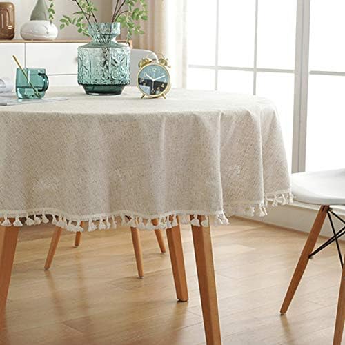 AMZALI Cotton Linen Fabric Tassel Round Tablecloth Dust-Proof Table
