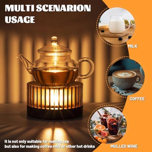 Inmorven Teapot Warmer, Aluminum Tea Warmer with Wooden Base, Candle