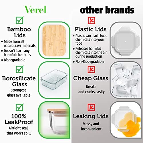 Verel 4 Pack 36 Ounce Glass Food Storage Containers with Bamboo Lids