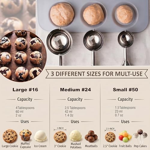 Ice Cream Scoop, 3Pcs Cookie Scoop Set, Stainless Steel Ice Cream
