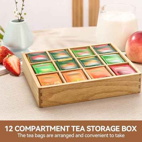 KIRIGEN Wooden Tea Bag Organizer for Drawer, 12 Compartments, Natural