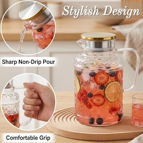 AVLA 2 Pack 2 Liter Glass Pitcher with Lid and Handle, Large
