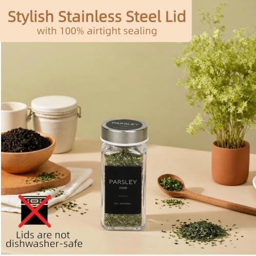 Glass Spice Jars with Labels, Seasoning Jars; 26 Pcs Stainless Steel