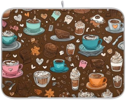 OTVEE Coffee Treat Art Dish Drying Mat for Kitchen Counter Absorbent