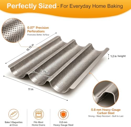 Baguette Bread Pan, Nonstick French Bread Baking Pan 3 Loaf, Golden