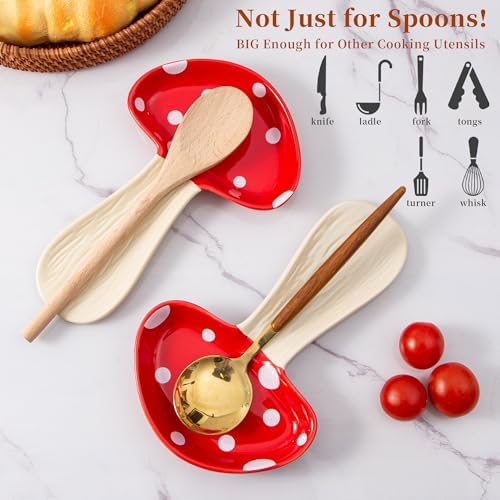 Ceramic Mushroom Spoon Rest, Farmhouse Spoon Holder, Red, 1PC