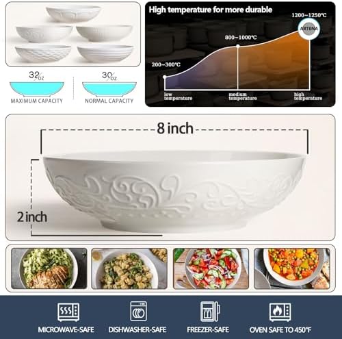 Artena Pasta Bowls 32oz, Ceramic Large Salad Bowls 8 inch, White