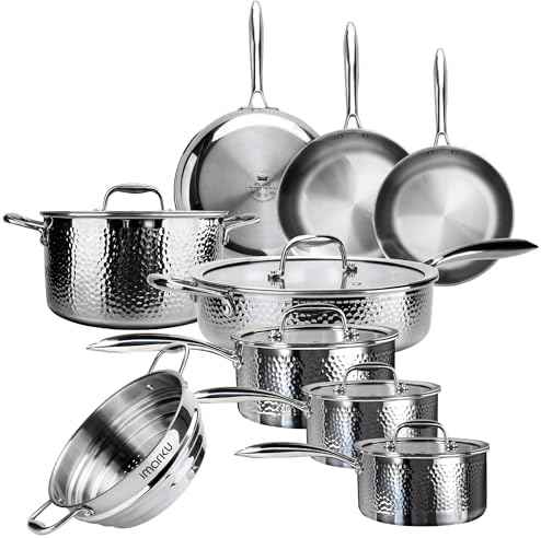 imarku 14-Piece Tri-Ply Hammered Stainless Steel Cookware Set