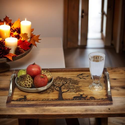 Large Wooden Serving Tray with Nature Scene, Decorative Tree and