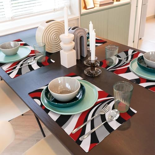 Black Red Retro Modern Swirl Linen Placemats Set of 4, Washable Heat