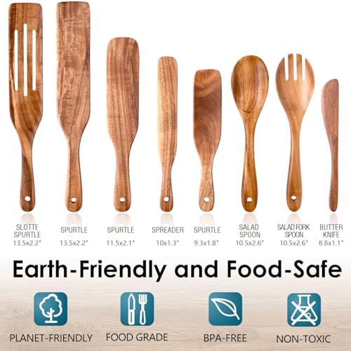 HOWHONG 8 Pcs Acacia Wood Spurtle Set, Nonstick Cooking Utensils