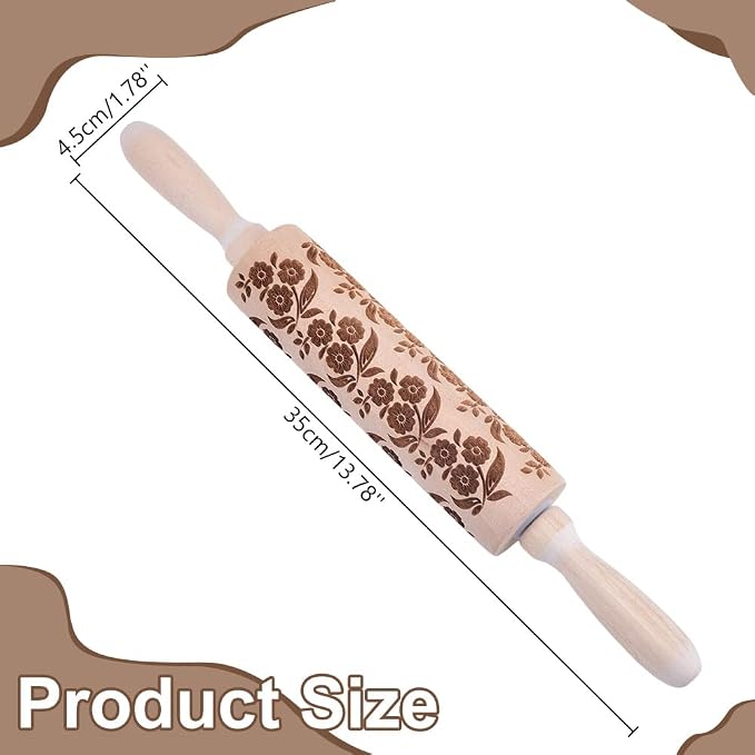 Embossed Wooden Rolling Pin Flower Leaves Print 35cm Rolling Pin - Image 2