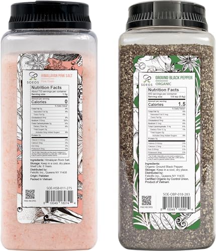 Soeos Pink Salt 39 Oz and Organic Ground Black Pepper 18oz