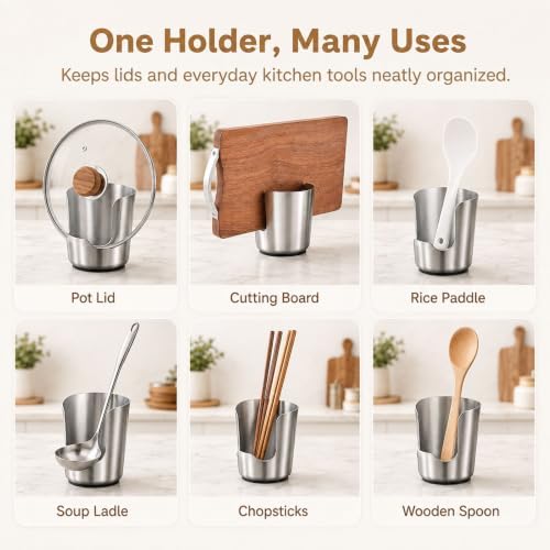 304 Stainless Steel Kitchen Utensil Holder, Countertop Pot Lid & Spoon