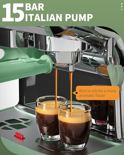 Amaste Espresso Machine with Grinder and Steam Wand, Retro Green