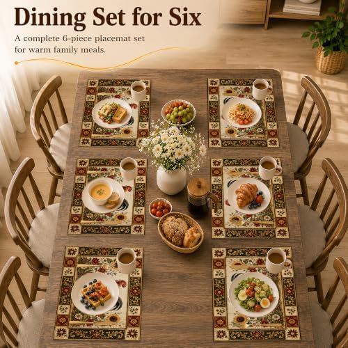 Linen Placemats Set of 6, Farmhouse Rooster Sunflower Floral