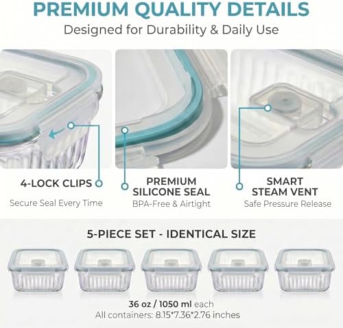 5-Packs 36 Oz Glass Meal Prep Containers with Lids