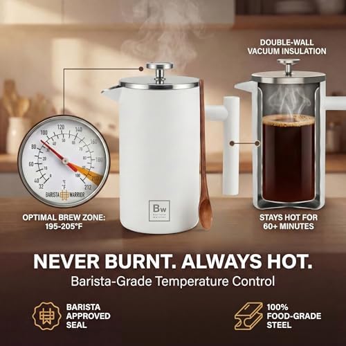Barista Warrior French Press, White Stainless Steel