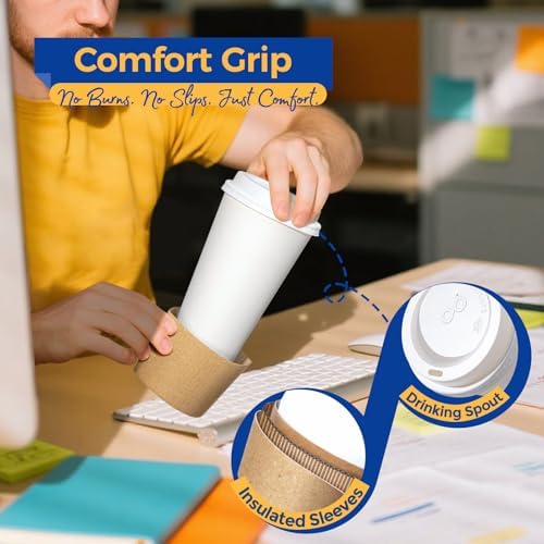 Fit Meal Prep 50 Pack 16 oz Disposable Coffee Cups with Lids, Sleeves