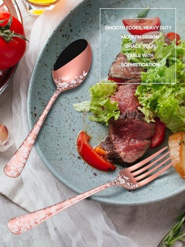 Stapava 24 Pcs Rose Gold Silverware with Steak Knives, Stainless Steel