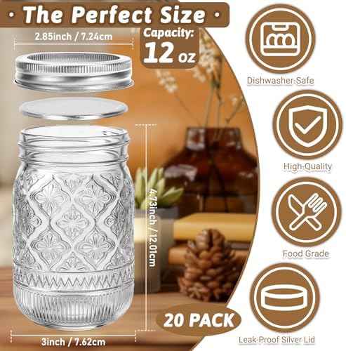STARSIDE 12oz Glass Mason Jars, 20-Pack with Lids