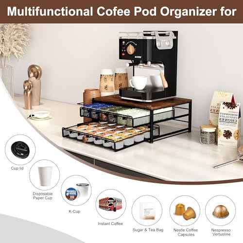 Coffee Bar Organizer, 60 Capacity K Cup Organizer for Countertop, 2 Tier Sliding Coffee Pod Storage Drawer with Disposable Cup & Lid Holder, Black