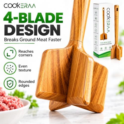 Teak Wood Meat Masher, Ground Beef Chopper & Chicken Shredder Tool