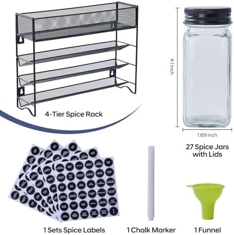 Spice Rack Organizer with 27 Spice Jars with Black Lids