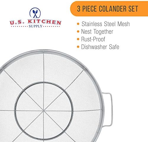 U.S. Kitchen Supply Set of 3 Stainless Steel Colander Strainers Net