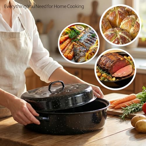 Turkey Roasting Pan With Lid 18in Enamel Carbon Steel Roaster Pot, Broiler Pan Great-for Roasted Turkey Chicken Baking Bread18 Pound Large Capacity High Temperature Resistance Oval Cookware