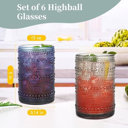 Colored Hobnail Drinking Glasses Set of 6, 15 oz Vintage Highball