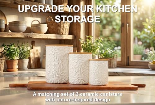 Engraved Ceramic Canisters Set of 3, 74, 36 & 18 Oz, Airtight Bamboo