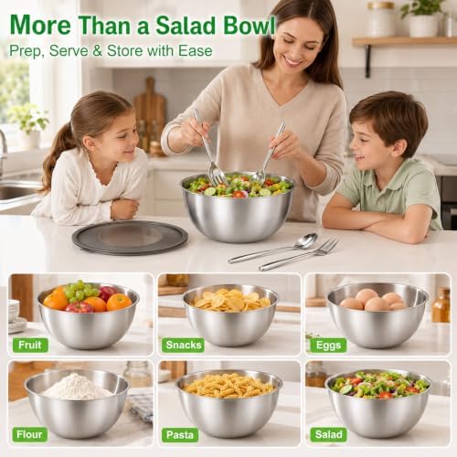 Salad Bowl Set, Stainless Steel Mixing Bowl with Lid, Dishwasher Safe