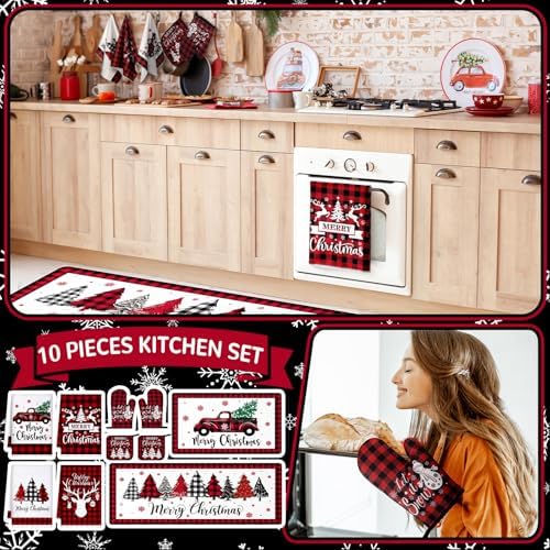 Fourluoo 10 Pcs Christmas Kitchen Decor Set, Retro Red Black Buffalo