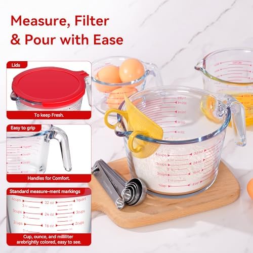 10 Pack Glass Measuring Cup Set with Lids, Stackable Handled Liquid