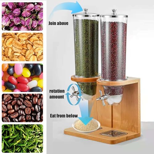 Easy Clean Cereal Dispenser Dry Food Dispenser Countertop Cereal Container Storage Dispenser with PC Bucket And Wooden Base,three barrel
