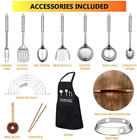 14 Piece Carbon Steel Wok Pan, Woks & Stir-Fry Pans Set with Wooden