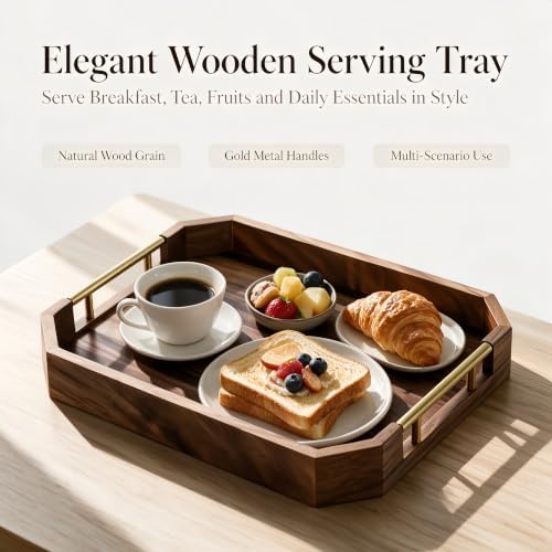 Wooden Serving Tray with Metal Handles, Acacia Wood Rectangular
