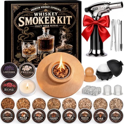 Whiskey Smoker Kit with Torch, 8 Wood Chip Flavors and 4 Scented